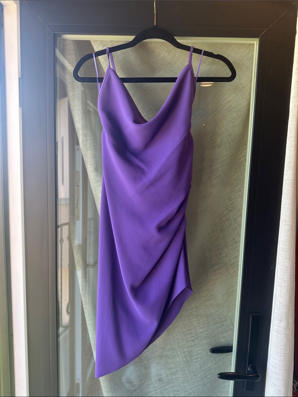 Asymmetrical Cowl Neck Spaghetti Strap Dress in Purple